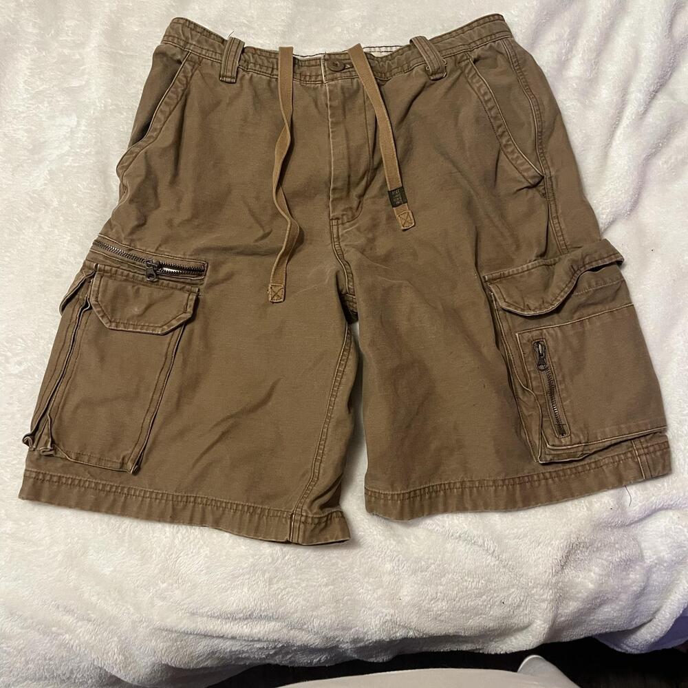 Aeropostale Cargo Shorts Mens Size 33 Brown Cotton Canvas 11in Drawstring Waist